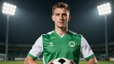 A photorealistic image of an anonymous Shamrock Rovers player in a green jersey with white sleeves, holding a football...