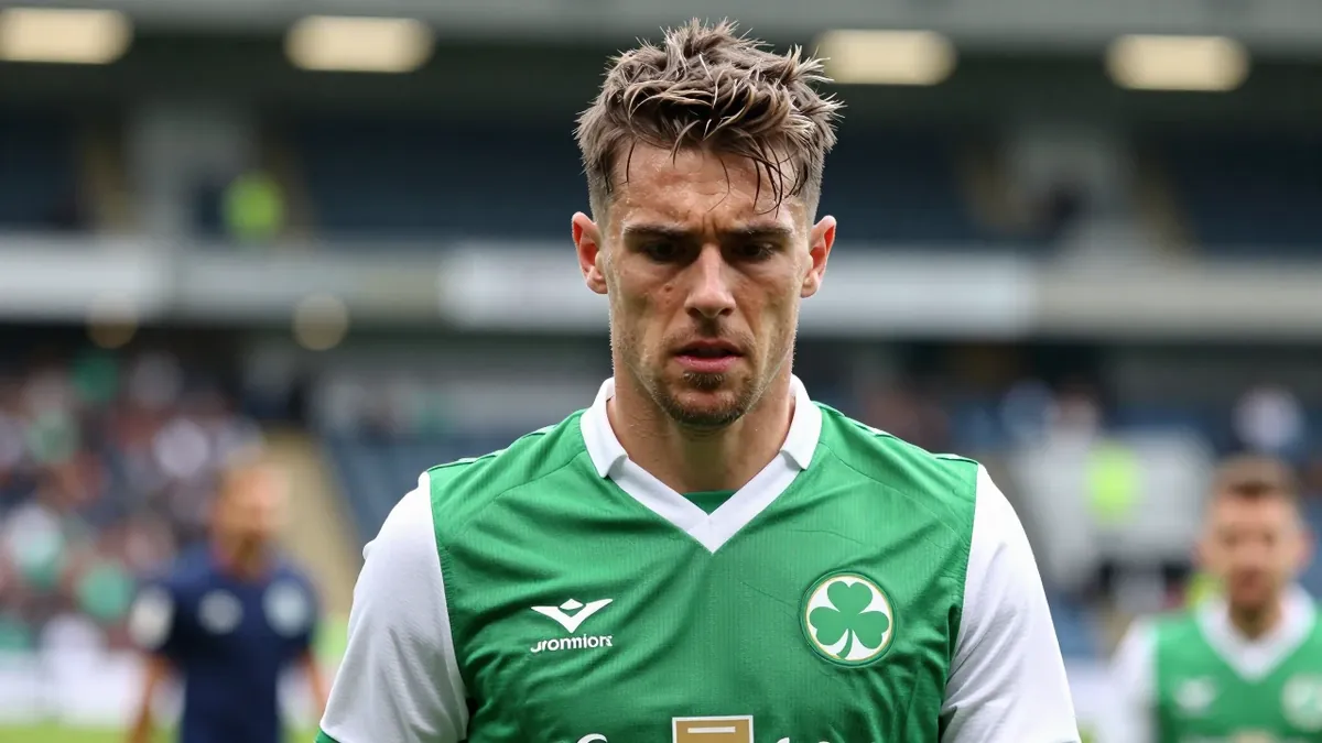 A close-up of a Shamrock Rovers player, wearing a green jersey with white sleeves and a white collar, looking concerned...