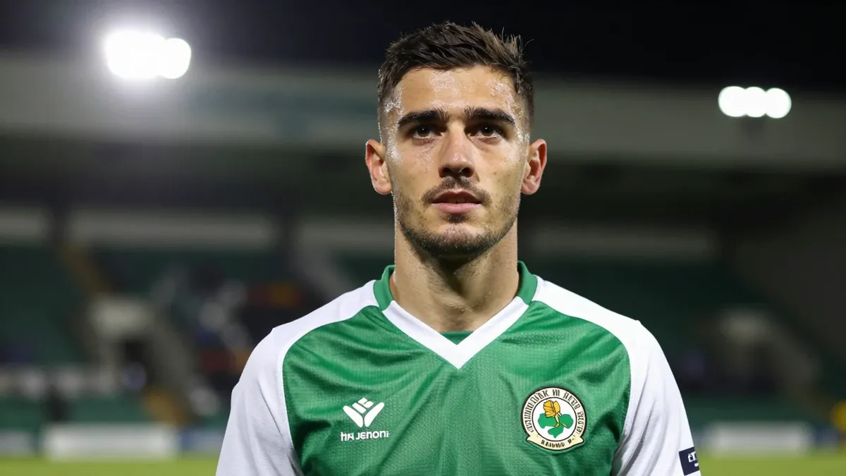 A 25-year-old Shamrock Rovers midfielder, wearing a green and white kit